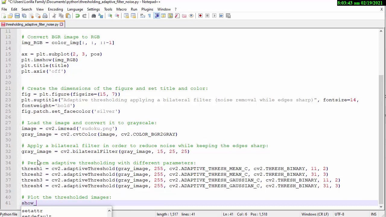 【PYTHON OPENCV】Adaptive thresholding filtering bilateral filter