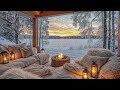 4k fireplace jazz night cozy balcony by the lake with relaxing snowfall and smooth jazz music