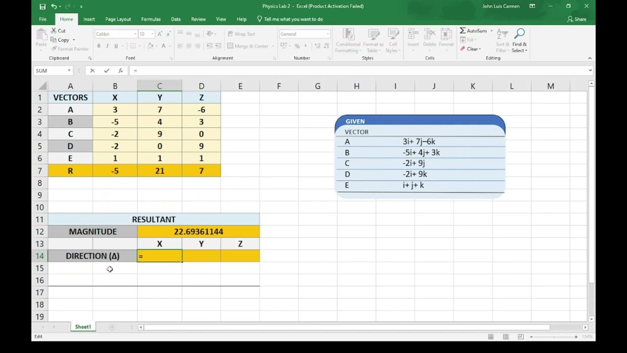 Adding Vector Quantities Using Excel