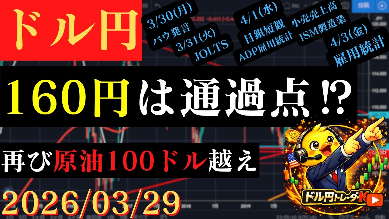 【ドル円】160円は通過点⁉原油価格は再び100ドル突破‼🐥2026/03/29🐥