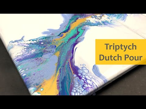 Triptych Dutch Pour Acrylic Pouring Technique - Blues, Purples, Aqua Green, Gold