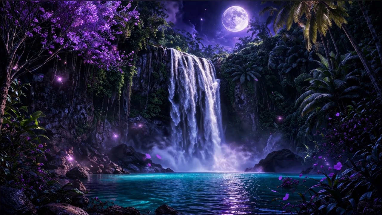 Moonlit Waterfall 🌕💜 | 4K Night Ambience for Deep Sleep, Relaxation & Stress Relief