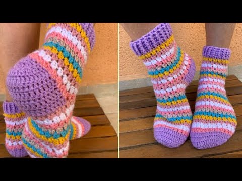 Носки крючком из остатков пряжи. Ленивым способом, свяжет даже начинающий. 