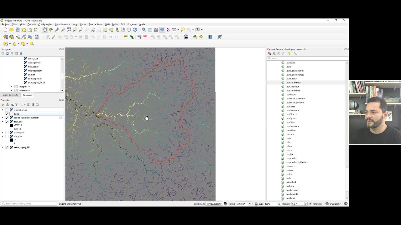 Delimitação de bacia hidrográfica no GRASS/QGIS