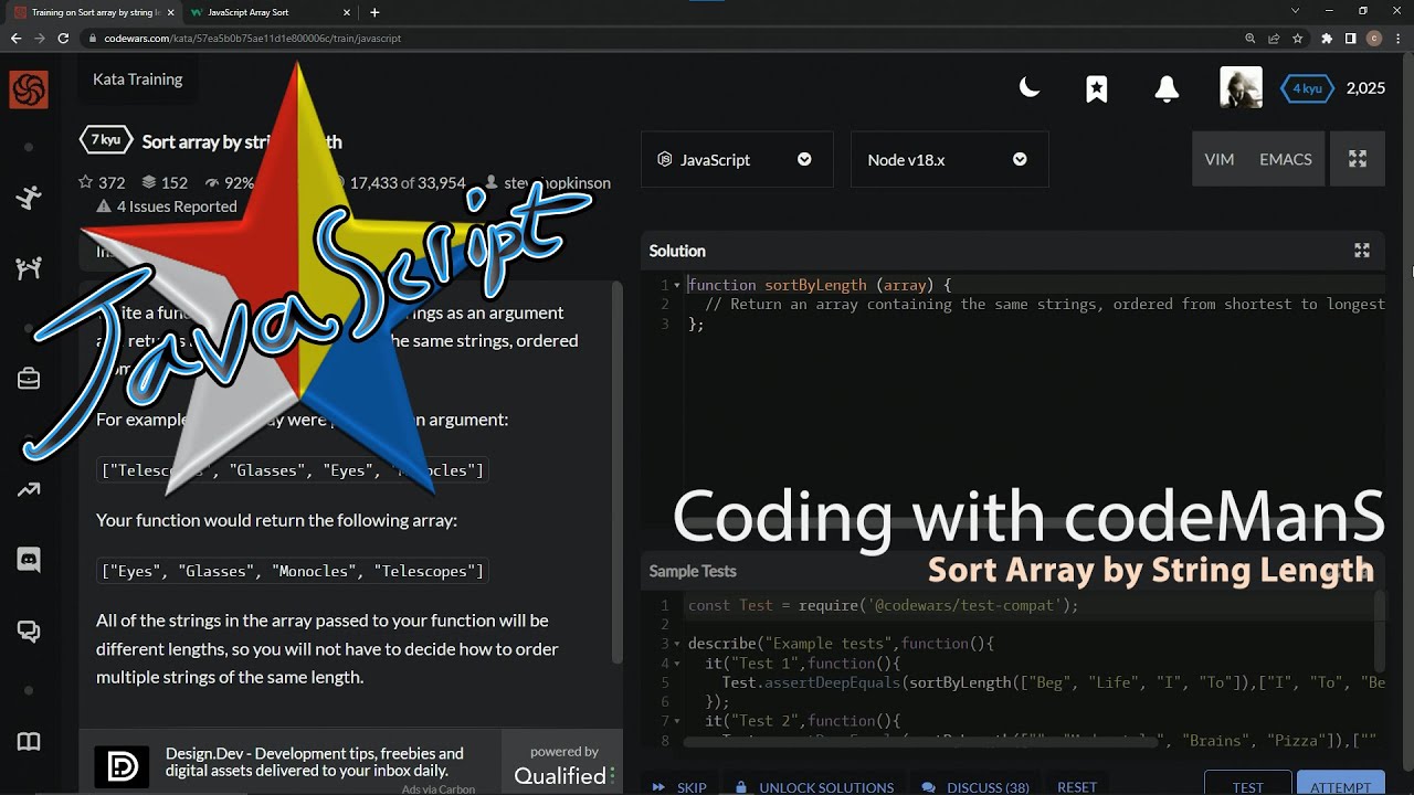 Learn JavaScript | Codewars 7 kyu Season 2 - Sort Array by String Length