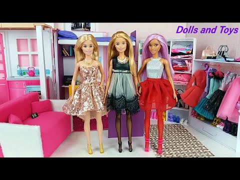 Three Barbie Sisters Morning Bunkbed bedroom Bathroom routine Dress up new dresses for dolls