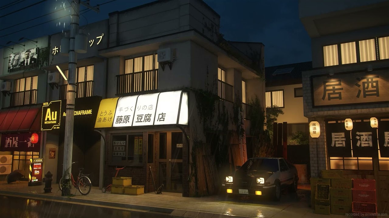 japanese fujiwara tofu store rainy day initial PC Live Wallpaper