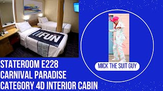Cabin E228  a Category 4D Interior Stateroom on Carnival Paradise, Note the Pole no King Sized Bed
