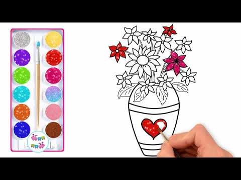 Fleurs de paillettes dessin et coloriage - Comment dessiner pot de fleurs pour les enfants avec des