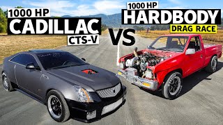 Download the video "1000hp Cadillac CTS-V races Turbo LS-Swapped Nissan Hardbody // THIS vs THAT"