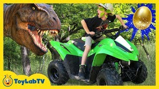 DINO EGG HUNT W/ RIDE ON CAR! Giant T-Rex Chase IRL & Surprise Dinosaur Toy Collection Fun Kids Toys