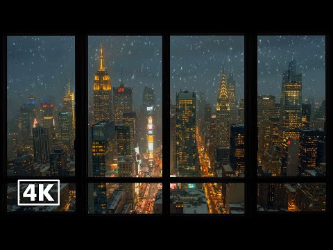 4K New York City Window View ❄️ Cozy Winter Ambience, Wind Sounds & Snowy Night for Sleep & Study