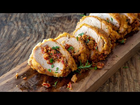 Pork Tenderloin Stuffed with Gorgonzola, Bacon, Sun Dried Tomato, & Artichoke
