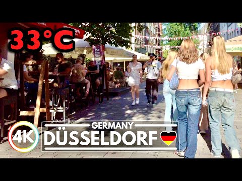 Caminhada na onda de calor em Düsseldorf, Alemanha, 33 graus Celsius, agosto de 2022, verão quente 4K