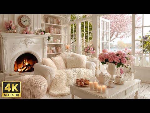 4K Soothing Piano Music & Fireplace Sounds | Cozy Living Room Ambience for Anxiety Relief and Calm