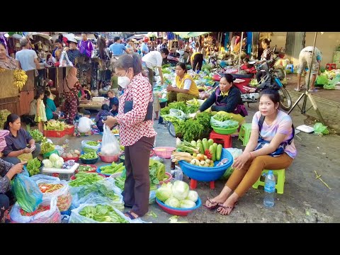 Evening Street Food Market Scene, Meat Grill, Fruit, Vegetable, Pork In Phnom Penh