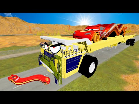 LONG CARS vs TRAIN AND BELAZ. The longest McQueen in the world. BeamNG Drive.