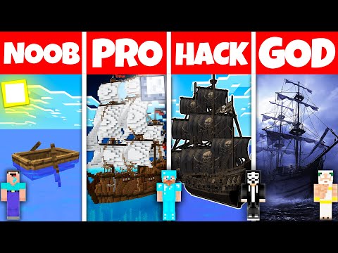 Minecraft Battle: NOOB vs PRO vs HACKER vs GOD! PIRATE SHIP HOUSE BASE STATUE CHALLENGE