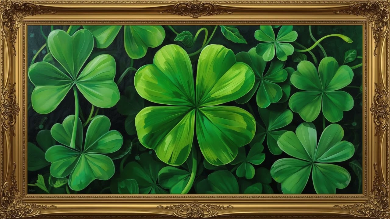 St. Patrick’s Day Shamrock Art 🍀 4K Framed TV Display | Lucky Four Leaf Clover Oil Painting Decor