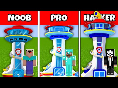 Minecraft NOOB vs PRO vs HACKER : PAW LOOKOUT PATROL TOWER  BUILD CHALLENGE in Minecraft / Animation