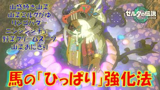 【ゼルダの伝説ティアキン】馬の「ひっぱり」強化用の料理！「山盛焼き山菜」「山菜ミルクがゆ」「リンゴバター」「ニンジンシチュー」「野菜クリームスープ」「山菜おにぎり」の作り方