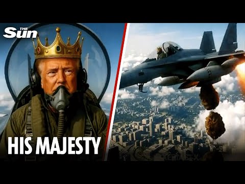 Moment Trump dumps BROWN SLUDGE on crowd from plane as he mocks ‘No Kings’ protesters with AI video