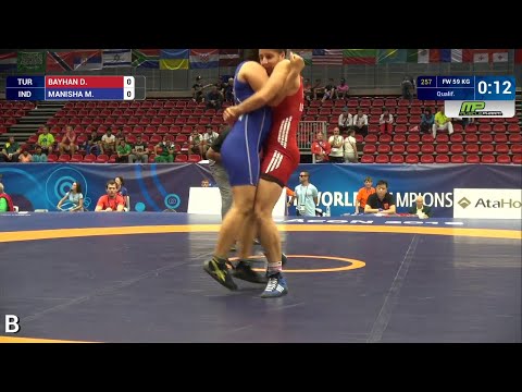 Qual. FW - 59 kg: D. BAYHAN (TUR) df. M. MANISHA (IND) by FALL, 4-0