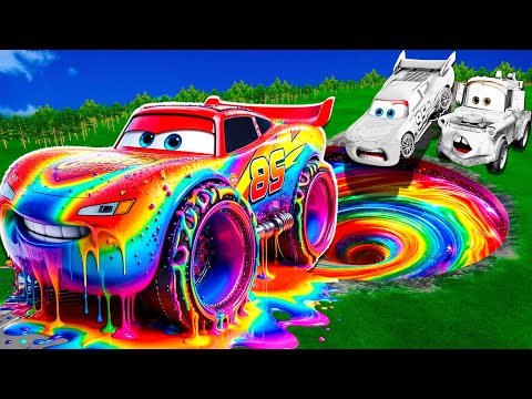 Rainbow Pit Transform In Big & Small: Lightning Mcqueen  & Mater vs  Pixar Cars! Beam.NG Drive!