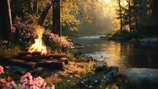 Tranquil Autumn Riverside Morning 🌿 Crackling Firepit Sounds with Birds and Flowing Water
