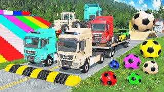 Flatbed Trailer Cars Transportation with Truck - Speedbumps vs Cars vs Train - BeamNG.Drive #022