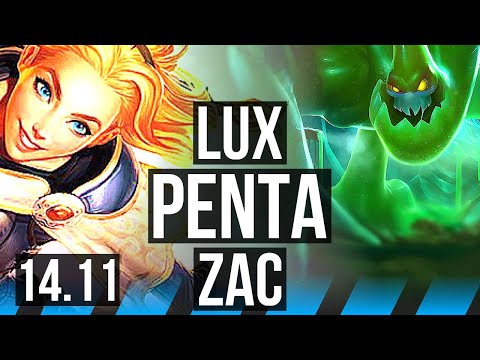 LUX vs ZAC (MID) | Penta, 66% winrate, 10/2/9, 4k comeback, Dominating | NA Grandmaster | 14.11