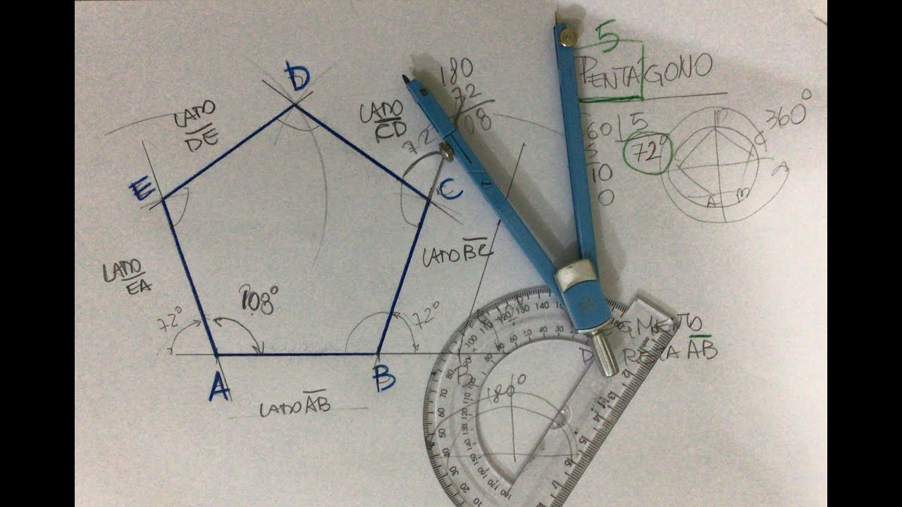 Construção de Pentágono Regular com régua, compasso e transferidor