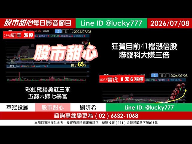 0708【甜心盤後節目】狂賀目前累計41檔長輩股，發哥大賺三倍！「彩虹飛揚」勇冠三軍！五賺六發七暴富／諮詢專線變更為0266321068