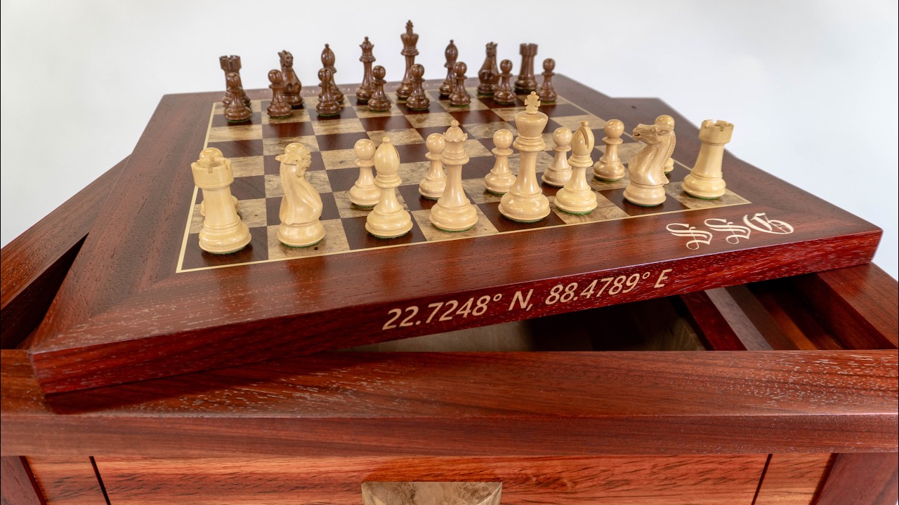 Padauk and Myrtle Burl Chess Table with 6" Rooks as Feet