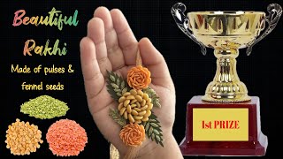 Unique Rakhi Idea to win FIRST PRIZE in Competition. Eco friendly Rakhi made with pulses & spices.