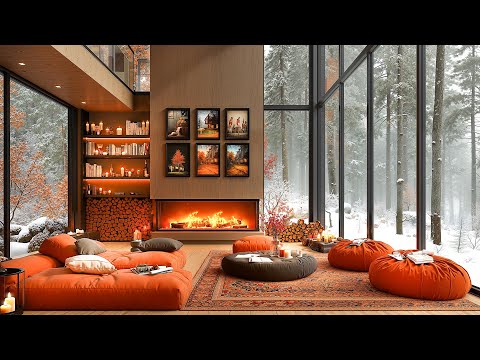 ❄ Winter Jazz Music in Cozy Living Room with Fireplace Sounds and Snowing Morning Window Ambience
