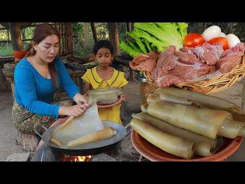 Yummy ! Mother boiled skin cow taste special and cooking beef with egg recipe eating delicious