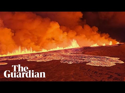 Aerial footage shows Iceland volcano spewing lava