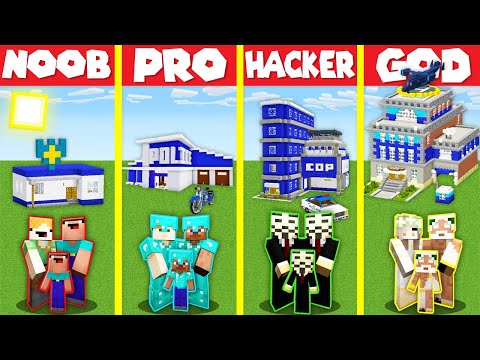 Minecraft Battle: POLICE STATION HOUSE BUILD CHALLENGE - NOOB vs PRO vs HACKER vs GOD / Animation