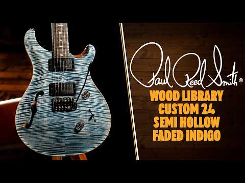 PRS Wood Library Custom 24 Semi-Hollow Faded Indigo Flame Artist Top w/Awabi Birds image 12