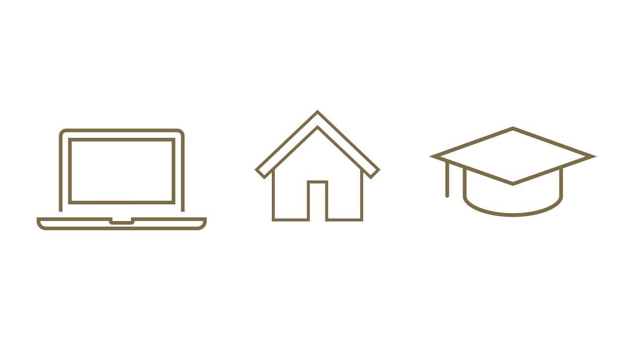 Icons of laptop, home, and degree cap