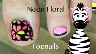 Neon and Black Floral Toe Nail Art Design Tutorial | Toenail
