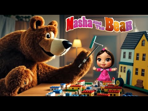 Masha and the Bear toy build lego house, cinematic style worked with ai