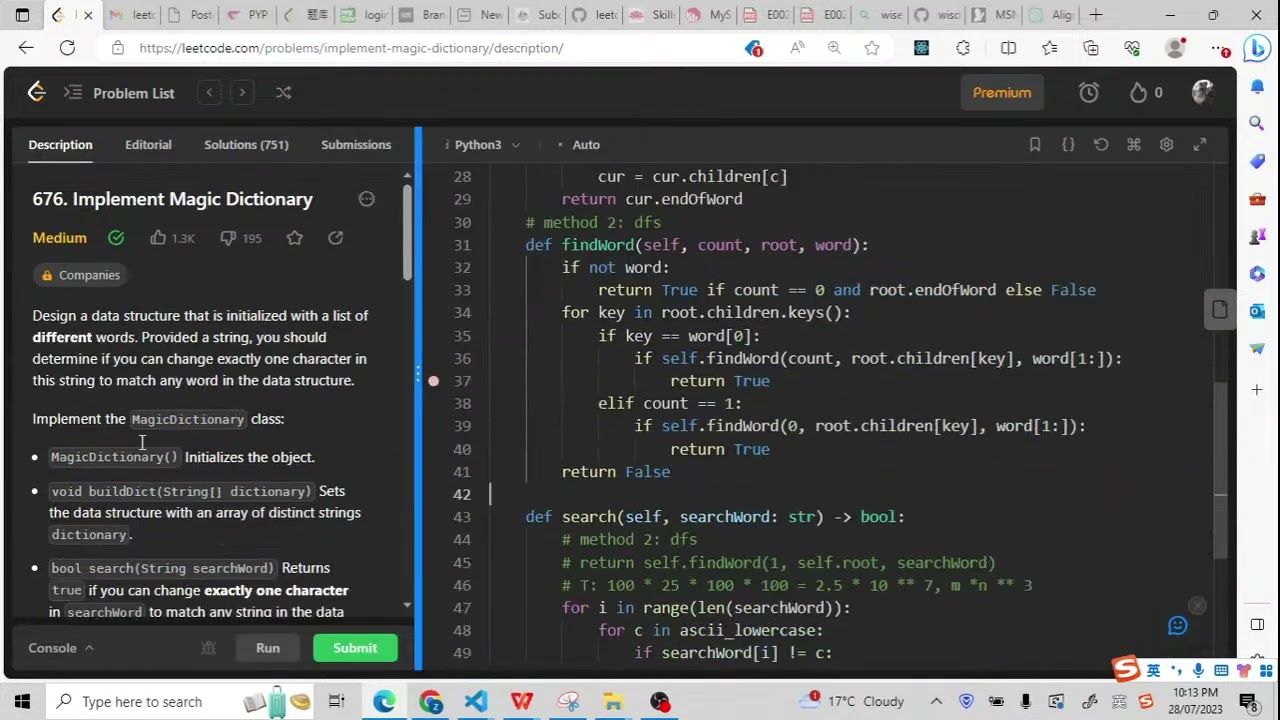 Leetcode 676. Implement Magic Dictionary (2 trie method)