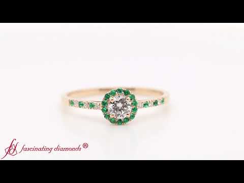 Beautiful French Pave Halo Diamond Engagement Ring With Emerald In Yellow Gold