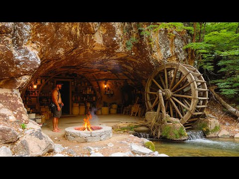 I Built a Secret Survival Shelter With a Homemade Water Wheel and Stone Sink – Fully Off-Grid