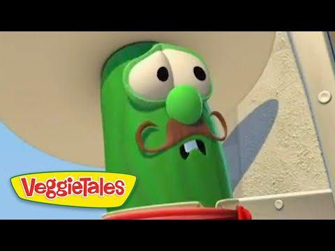 Larry the Cucumber from VeggieTales with a brown mustache and googly eyes.