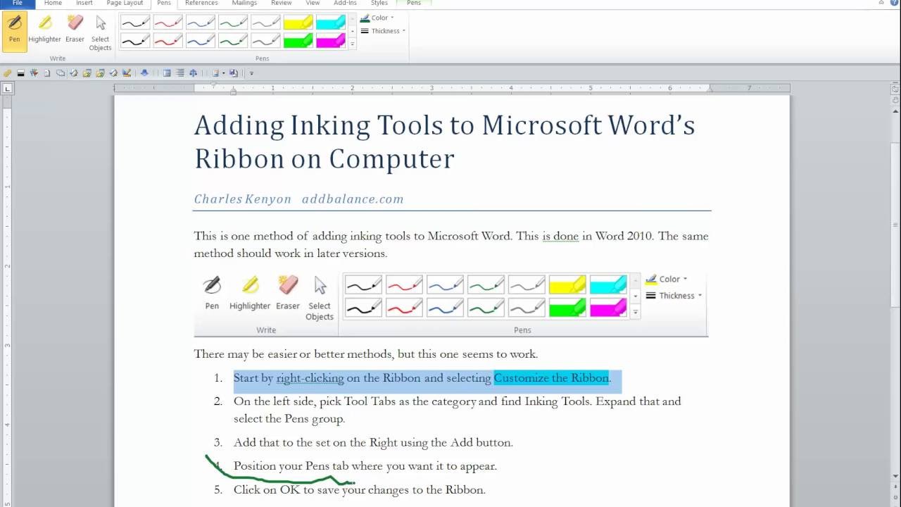 Add Ink Tools (Pens) to the Ribbon in Microsoft Word 2010