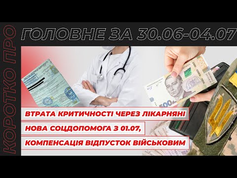 відео прев’ю для Лікарняні у зарплаті і втрата критичності, нова соцдопомога з 01.07, компенсація відпусток військовим та штрафи у Резерв+ зі знижкою 50%. Коротко про головне за тиждень 30.06.–04.07.2025