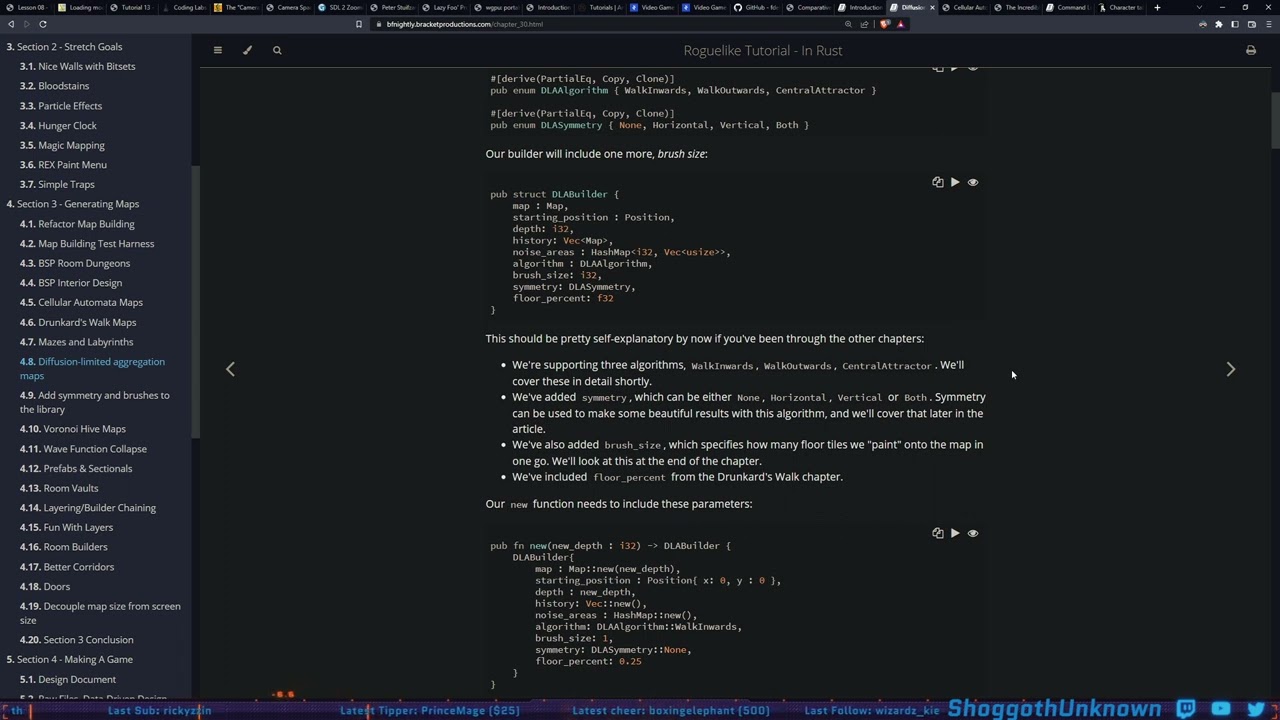 Coding Stream 28 - Roguelike Tutorial in Rust (Diffusion-Limited Aggregation) - 14 December 2022